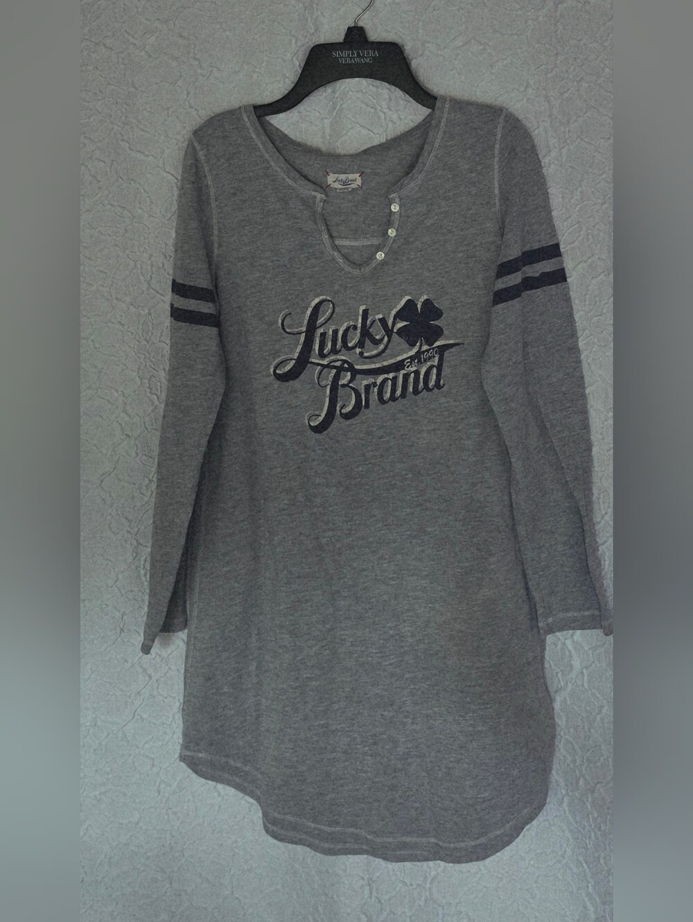 Lucky Brand Womens Gray Knit Shirt w/Purple Logo & Accents Long Sleeve Top S